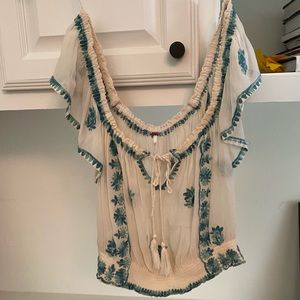 Free People Embroidered Tassle Crop Top